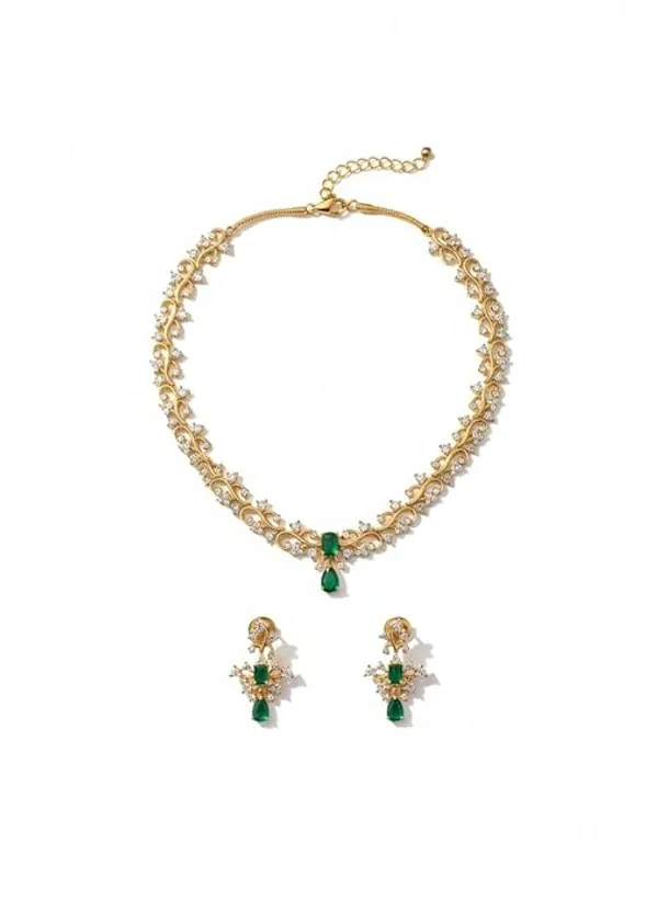 CRUSSTIQUE_GOLD�_Gold_Tone_Necklace_and_Earrings_Set_with_Green_Stones,_Crystal_Embellished_Jewelry_Set