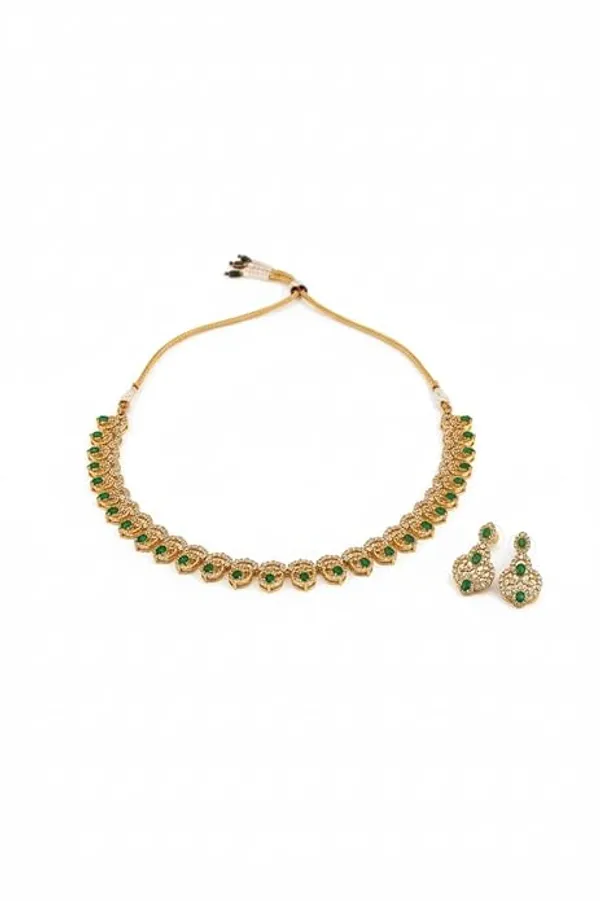 CRUSSTIQUE_GOLD�_Gold-Tone_Necklace_and_Earrings_Set_with_Green_Stones,_Traditional_Jewelry,_Adjustable_Chain,_Wooden_Box_Included