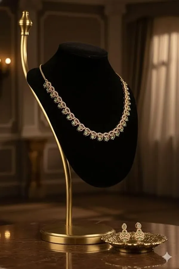 CRUSSTIQUE_GOLD�_Gold-Tone_Necklace_and_Earrings_Set_with_Green_Stones,_Traditional_Jewelry,_Adjustable_Chain,_Wooden_Box_Included