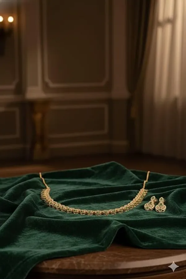 CRUSSTIQUE_GOLD�_Gold-Tone_Necklace_and_Earrings_Set_with_Green_Stones,_Traditional_Jewelry,_Adjustable_Chain,_Wooden_Box_Included