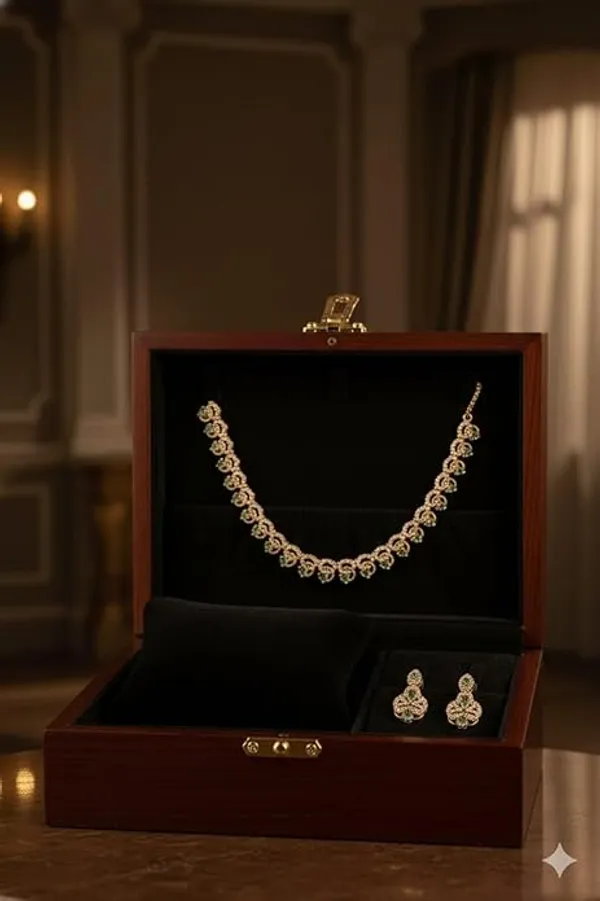 CRUSSTIQUE_GOLD�_Gold-Tone_Necklace_and_Earrings_Set_with_Green_Stones,_Traditional_Jewelry,_Adjustable_Chain,_Wooden_Box_Included