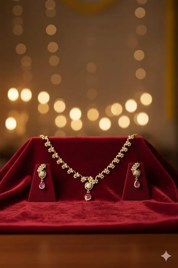 CRUSSTIQUE_GOLD�_Gold_Tone_Necklace_and_Earrings_Set_with_Pink_Stone_Drops,_Peacock_Design,_Traditional_Jewelry