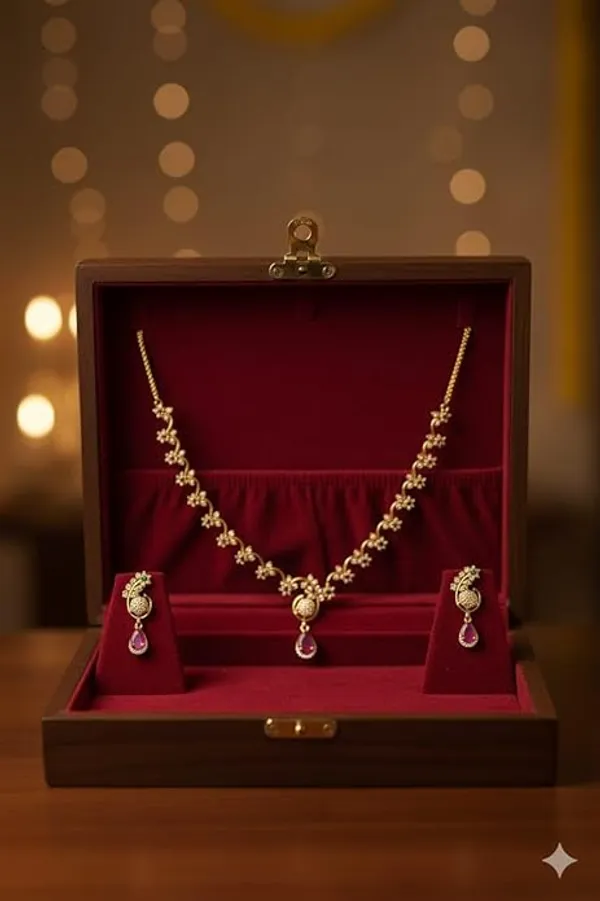 CRUSSTIQUE_GOLD�_Gold_Tone_Necklace_and_Earrings_Set_with_Pink_Stone_Drops,_Peacock_Design,_Traditional_Jewelry