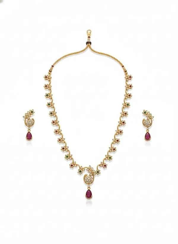 CRUSSTIQUE_GOLD�_Gold_Tone_Necklace_and_Earrings_Set_with_Pink_Stone_Drops,_Peacock_Design,_Traditional_Jewelry