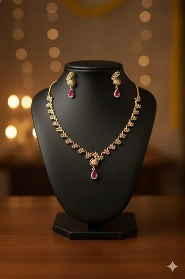 CRUSSTIQUE_GOLD�_Gold_Tone_Necklace_and_Earrings_Set_with_Pink_Stone_Drops,_Peacock_Design,_Traditional_Jewelry