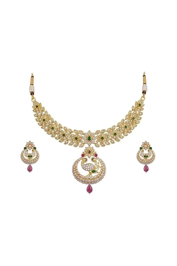 CRUSSTIQUE_GOLD�_Gold-Tone_Necklace_and_Earrings_Set_with_Green_and_Pink_Stones,_Peacock_Design_Pendant,_Chandbali_Earrings,_Traditional_Indian_Jewelry