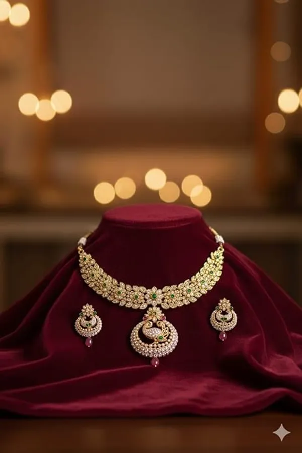 CRUSSTIQUE_GOLD�_Gold-Tone_Necklace_and_Earrings_Set_with_Green_and_Pink_Stones,_Peacock_Design_Pendant,_Chandbali_Earrings,_Traditional_Indian_Jewelry