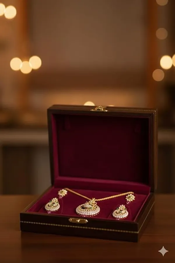 CRUSSTIQUE_GOLD�_Gold-Tone_Necklace_and_Earrings_Set_with_Green_and_Pink_Stones,_Peacock_Design_Pendant,_Chandbali_Earrings,_Traditional_Indian_Jewelry