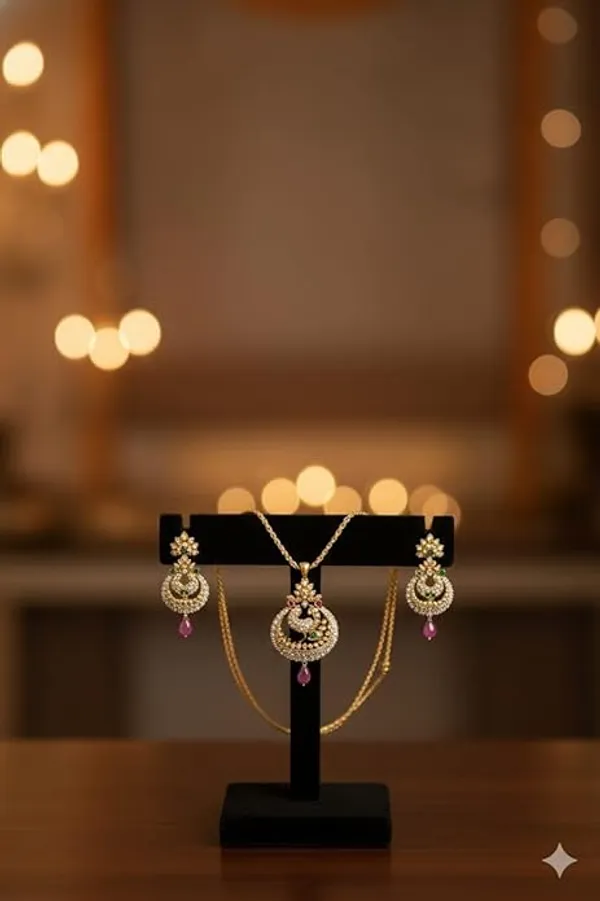 CRUSSTIQUE_GOLD�_Gold-Tone_Necklace_and_Earrings_Set_with_Green_and_Pink_Stones,_Peacock_Design_Pendant,_Chandbali_Earrings,_Traditional_Indian_Jewelry