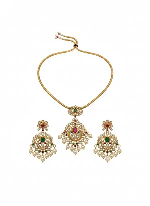 CRUSSTIQUE_GOLD�_Gold-Toned_Necklace_and_Earrings_Set_with_Multicolor_Stones,_Pearl_Embellishments,_Traditional_Indian_Jewelry