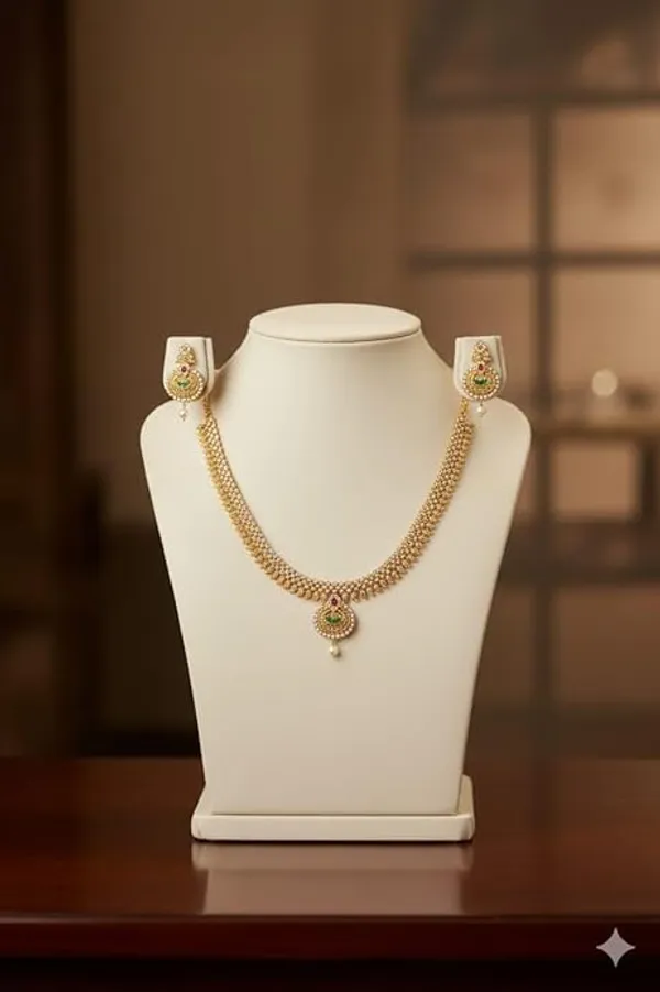 CRUSSTIQUE_GOLD�_Gold_Tone_Necklace_and_Earrings_Set_with_Green_and_Pink_Stones,_Pearl_Drop_Pendant,_Traditional_Indian_Jewelry