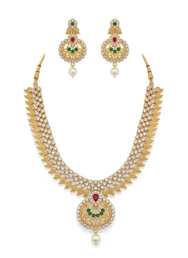 CRUSSTIQUE_GOLD�_Gold_Tone_Necklace_and_Earrings_Set_with_Green_and_Pink_Stones,_Pearl_Drop_Pendant,_Traditional_Indian_Jewelry