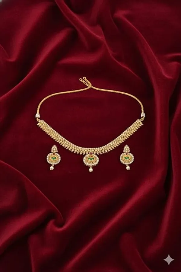 CRUSSTIQUE_GOLD�_Gold_Tone_Necklace_and_Earrings_Set_with_Green_and_Pink_Stones,_Pearl_Drop_Pendant,_Traditional_Indian_Jewelry