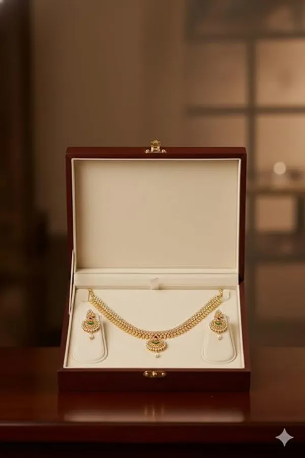 CRUSSTIQUE_GOLD�_Gold_Tone_Necklace_and_Earrings_Set_with_Green_and_Pink_Stones,_Pearl_Drop_Pendant,_Traditional_Indian_Jewelry