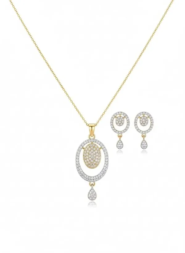 CRUSSTIQUE_GOLD�_Gold_Plated_Pendant_Necklace_and_Earrings_Set,_Cubic_Zirconia,_Concentric_Oval_Design_with_Drop_Detail