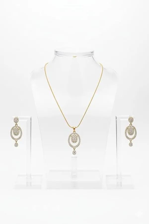 CRUSSTIQUE_GOLD�_Gold_Plated_Pendant_Necklace_and_Earrings_Set,_Cubic_Zirconia,_Concentric_Oval_Design_with_Drop_Detail