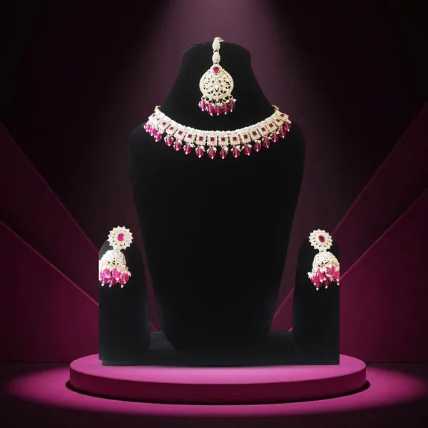 RED_AND_WHITE_Traditional_Indian_Crystal_Necklace_Set_For_Women_With_Pink_Stones_|_Elegant_Choker_With_Matching_Earrings_&_Maang_Tikka_Jewellery_Set