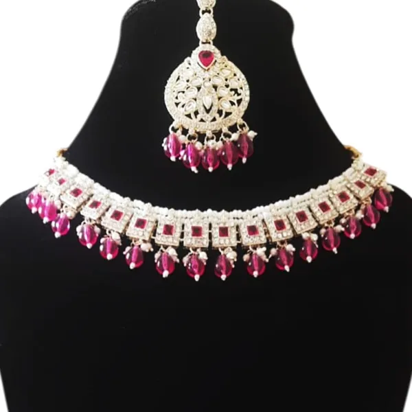 RED_AND_WHITE_Traditional_Indian_Crystal_Necklace_Set_For_Women_With_Pink_Stones_|_Elegant_Choker_With_Matching_Earrings_&_Maang_Tikka_Jewellery_Set