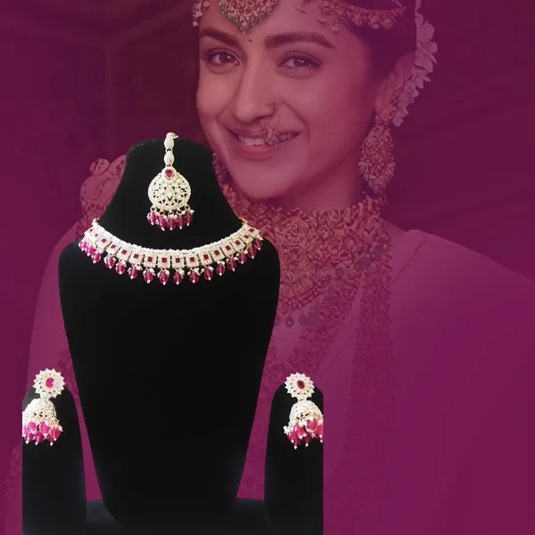 RED_AND_WHITE_Traditional_Indian_Crystal_Necklace_Set_For_Women_With_Pink_Stones_|_Elegant_Choker_With_Matching_Earrings_&_Maang_Tikka_Jewellery_Set