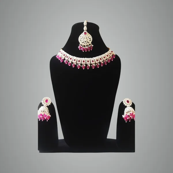RED_AND_WHITE_Traditional_Indian_Crystal_Necklace_Set_For_Women_With_Pink_Stones_|_Elegant_Choker_With_Matching_Earrings_&_Maang_Tikka_Jewellery_Set
