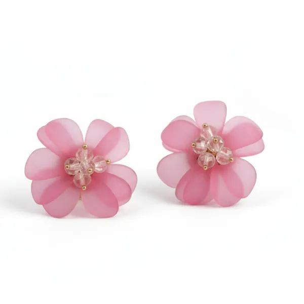 Pink_Frosted_Flower_Stud_Earrings_With_Crystal_Beads,_Delicate_Petal_Design,_Stylish_Jewelry_Accessories_For_Women