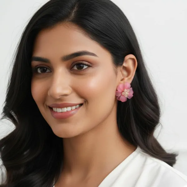 Pink_Frosted_Flower_Stud_Earrings_With_Crystal_Beads,_Delicate_Petal_Design,_Stylish_Jewelry_Accessories_For_Women