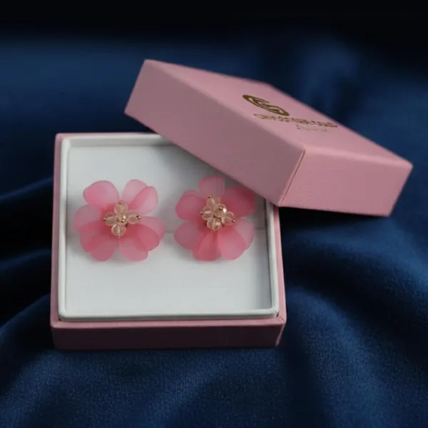 Pink_Frosted_Flower_Stud_Earrings_With_Crystal_Beads,_Delicate_Petal_Design,_Stylish_Jewelry_Accessories_For_Women