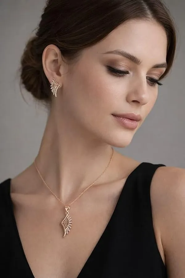 CRUSSTIQUE_GOLD�_Rose_Gold_Necklace_and_Earrings_Set,_Crystal_Studded_Pendant,_Matching_Stud_Earrings,_Jewelry_Gift_Set_(Design_10)
