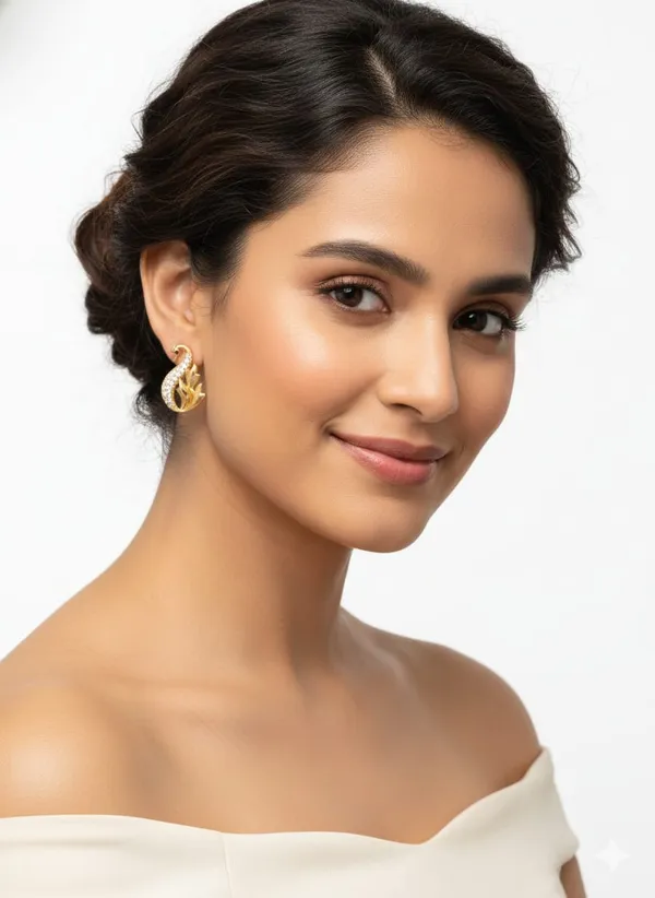 Gold_Tone_Crystal_Peacock_Stud_Earrings,_Elegant_Curved_Design_with_Red_Accent_Stone,_Wedding_Bridal_Jewelry