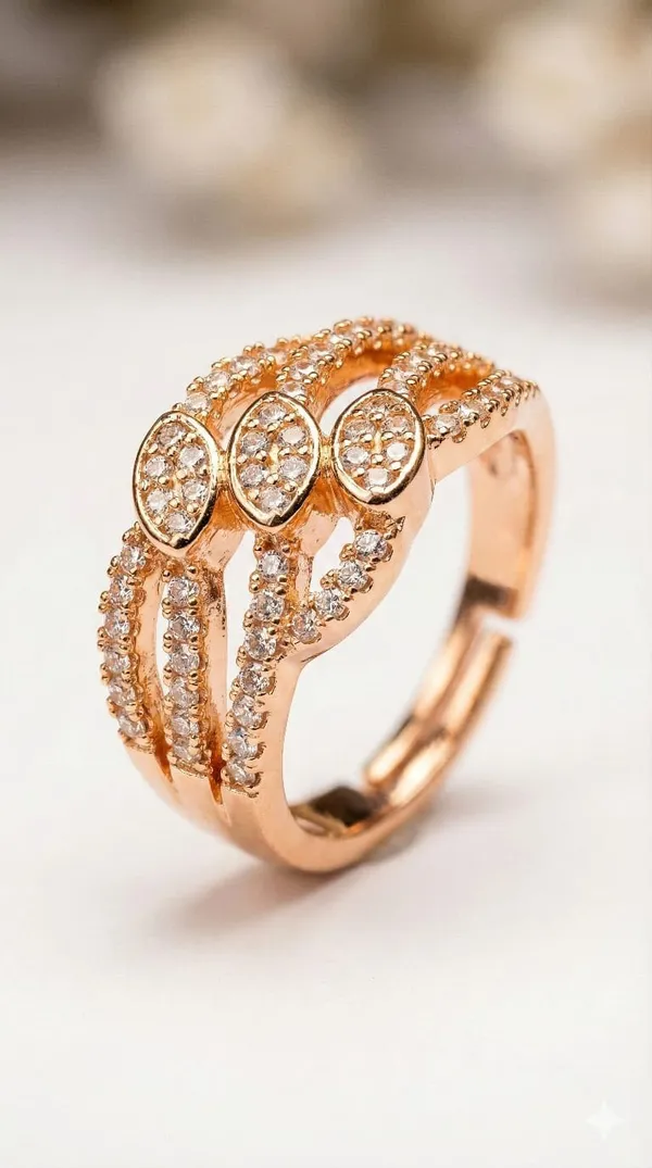 Rose_Gold_Plated_Multi-Row_Crystal_Ring,_Teardrop_Design_with_Pave_Setting,_Adjustable_Fashion_Jewelry