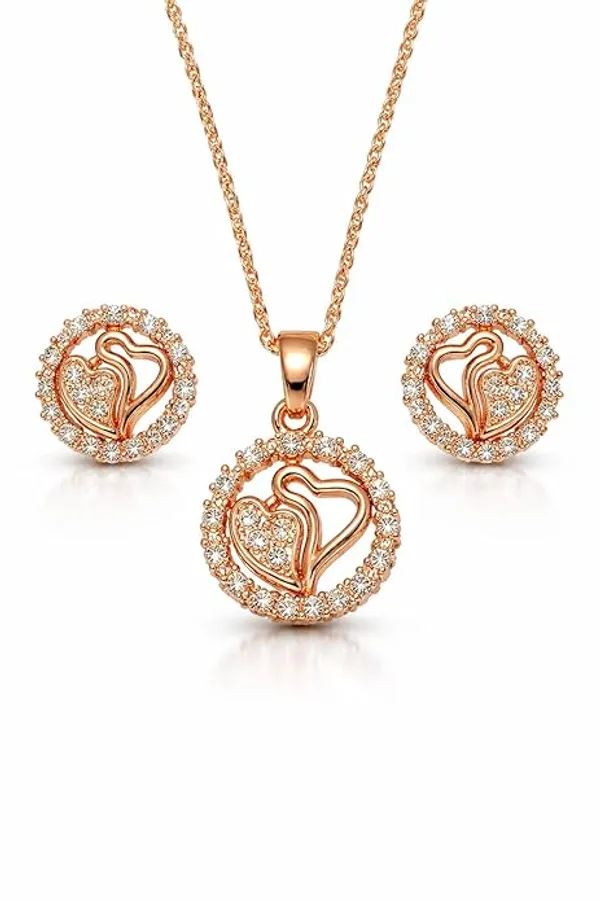 CRUSSTIQUE_GOLD�_Rose_Gold_Necklace_and_Earrings_Set,_Crystal_Studded_Pendant,_Matching_Stud_Earrings,_Jewelry_Gift_Set_(Design_1)