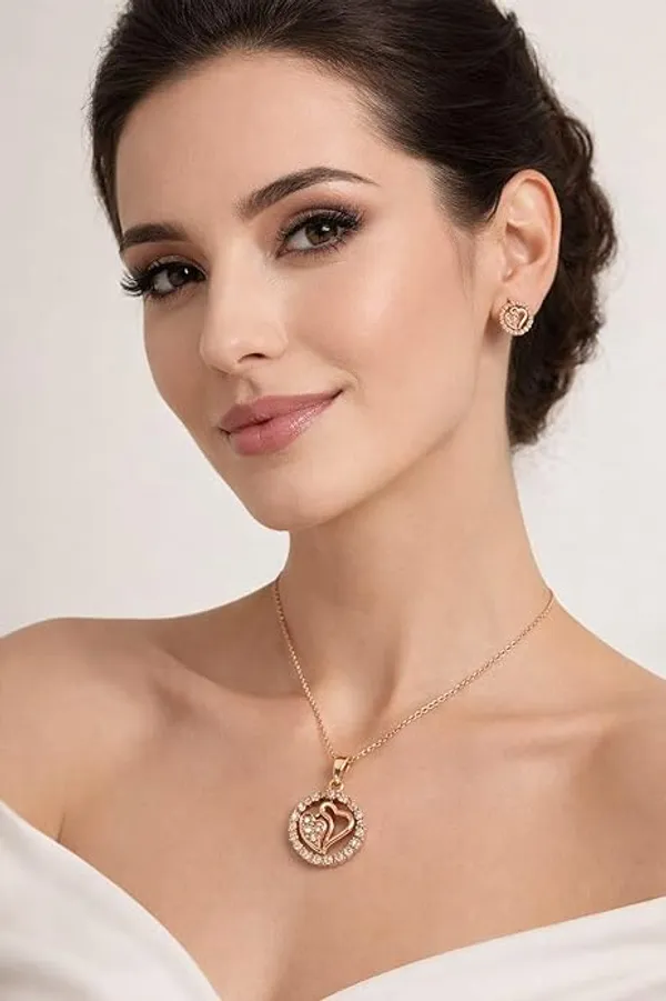 CRUSSTIQUE_GOLD�_Rose_Gold_Necklace_and_Earrings_Set,_Crystal_Studded_Pendant,_Matching_Stud_Earrings,_Jewelry_Gift_Set_(Design_1)