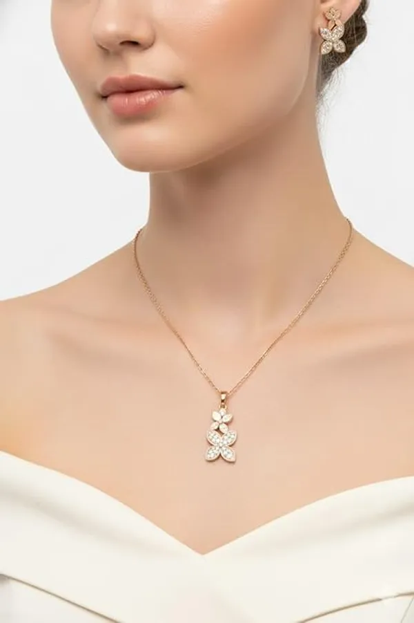 CRUSSTIQUE_GOLD�_Rose_Gold_Necklace_and_Earrings_Set,_Crystal_Studded_Pendant,_Matching_Stud_Earrings,_Jewelry_Gift_Set_(Design_2)