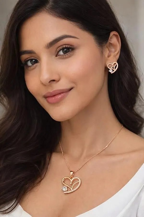 CRUSSTIQUE_GOLD�_Rose_Gold_Necklace_and_Earrings_Set,_Crystal_Studded_Pendant,_Matching_Stud_Earrings,_Jewelry_Gift_Set_(Design_4)