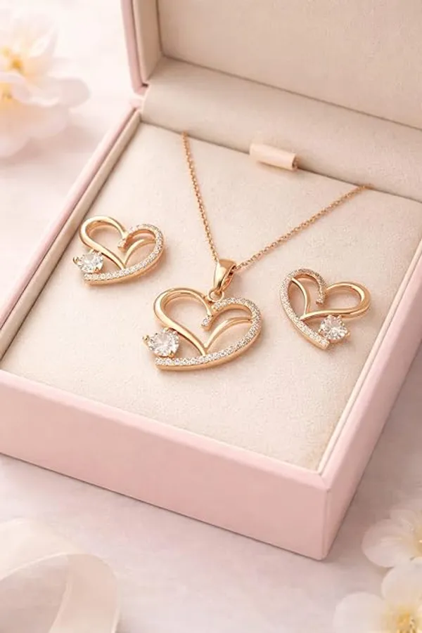 CRUSSTIQUE_GOLD�_Rose_Gold_Necklace_and_Earrings_Set,_Crystal_Studded_Pendant,_Matching_Stud_Earrings,_Jewelry_Gift_Set_(Design_4)
