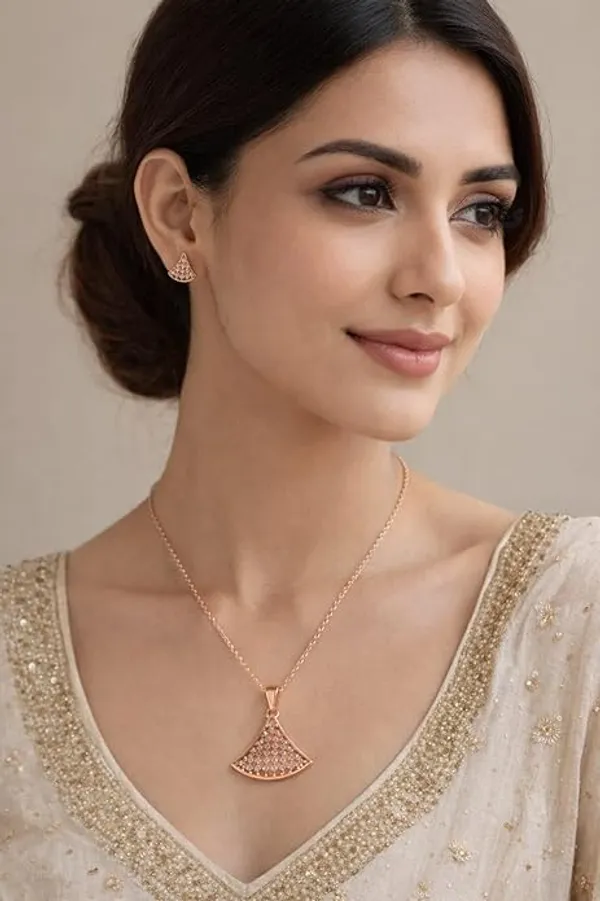CRUSSTIQUE_GOLD�_Rose_Gold_Necklace_and_Earrings_Set,_Crystal_Studded_Pendant,_Matching_Stud_Earrings,_Jewelry_Gift_Set_(Design_5)