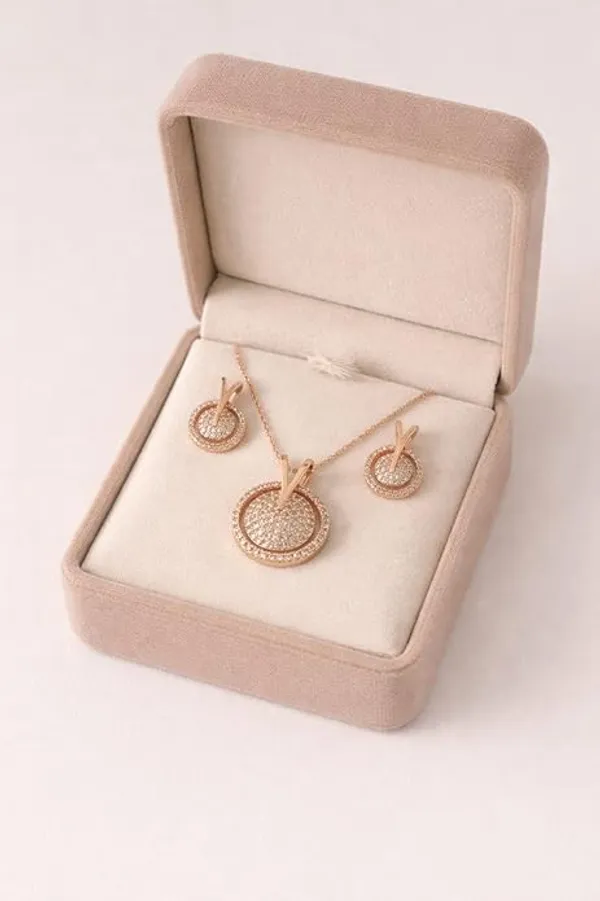 CRUSSTIQUE_GOLD�_Rose_Gold_Necklace_and_Earrings_Set,_Crystal_Studded_Pendant,_Matching_Stud_Earrings,_Jewelry_Gift_Set_(Design_8)