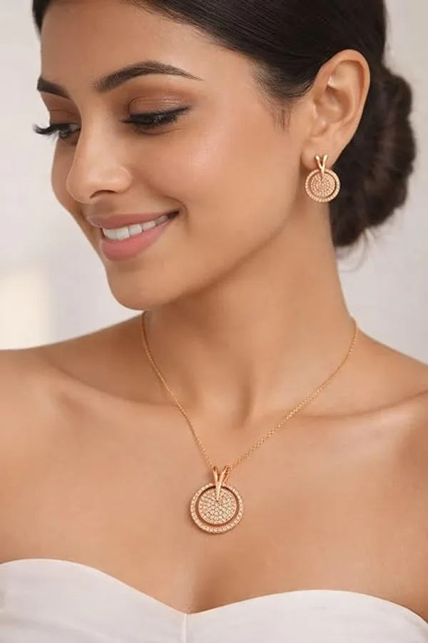 CRUSSTIQUE_GOLD�_Rose_Gold_Necklace_and_Earrings_Set,_Crystal_Studded_Pendant,_Matching_Stud_Earrings,_Jewelry_Gift_Set_(Design_8)