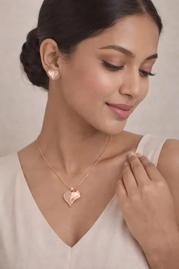 CRUSSTIQUE_GOLD�_Rose_Gold_Necklace_and_Earrings_Set,_Crystal_Studded_Pendant,_Matching_Stud_Earrings,_Jewelry_Gift_Set_(Design_9)