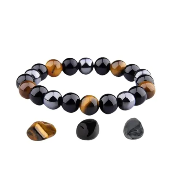 Multicolour_Triple_Protection_Crystal_Bracelet_With_Hematite,_Tiger_Eye_And_Obsidian,_Natural_Healing_Stone_Beads_For_Strength,_Balance_And_Energy_Protection[with_authentic_lab-certificate]