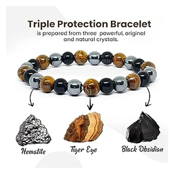 Multicolour_Triple_Protection_Crystal_Bracelet_With_Hematite,_Tiger_Eye_And_Obsidian,_Natural_Healing_Stone_Beads_For_Strength,_Balance_And_Energy_Protection[with_authentic_lab-certificate]