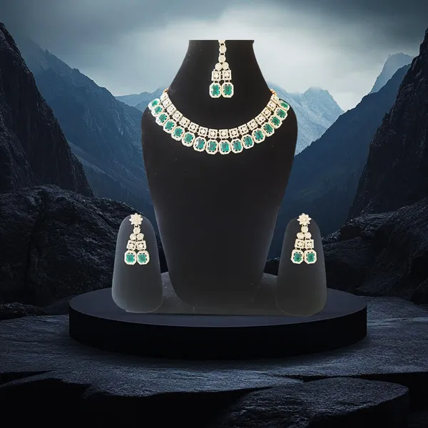 Golden_Elegant_Emerald_Green_Crystal_Necklace_And_Earrings_Jewellery_Set_With_Double_Layer_Design_And_Silver-Toned_Finish_|_Stylish_Accessories_For_Women_And_Parties