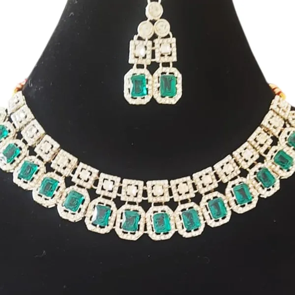 Golden_Elegant_Emerald_Green_Crystal_Necklace_And_Earrings_Jewellery_Set_With_Double_Layer_Design_And_Silver-Toned_Finish_|_Stylish_Accessories_For_Women_And_Parties