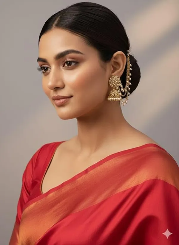 CRUSSTIQUE_GOLD�_Gold_Plated_Jhumka_Earrings_with_Pearls,_Traditional_Indian_Jewellery,_Floral_Stud_Design,_Chain_with_Hair_Cuff