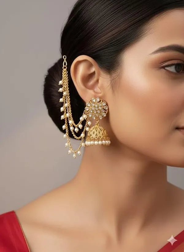 CRUSSTIQUE_GOLD�_Gold_Plated_Jhumka_Earrings_with_Pearls,_Traditional_Indian_Jewellery,_Floral_Stud_Design,_Chain_with_Hair_Cuff