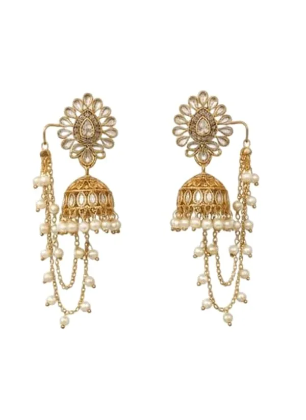 CRUSSTIQUE_GOLD�_Gold_Plated_Jhumka_Earrings_with_Pearls,_Traditional_Indian_Jewellery,_Floral_Stud_Design,_Chain_with_Hair_Cuff