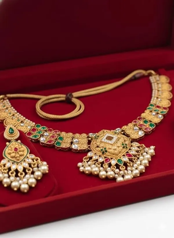 CRUSSTIQUE_GOLD_Traditional_Antique_Necklace_Set_for_Women_with_Kundan,_Pearls_and_Multicolor_Gemstones,_Chandelier_Earrings,_South_Indian_Temple_Jewellery_Design