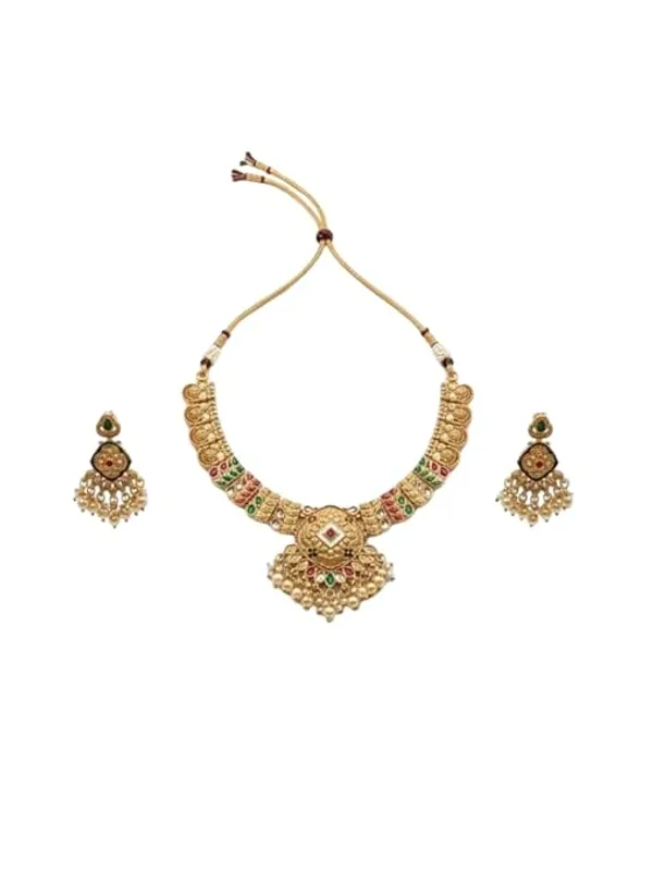 CRUSSTIQUE_GOLD_Traditional_Antique_Necklace_Set_for_Women_with_Kundan,_Pearls_and_Multicolor_Gemstones,_Chandelier_Earrings,_South_Indian_Temple_Jewellery_Design
