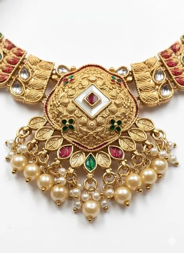 CRUSSTIQUE_GOLD_Traditional_Antique_Necklace_Set_for_Women_with_Kundan,_Pearls_and_Multicolor_Gemstones,_Chandelier_Earrings,_South_Indian_Temple_Jewellery_Design