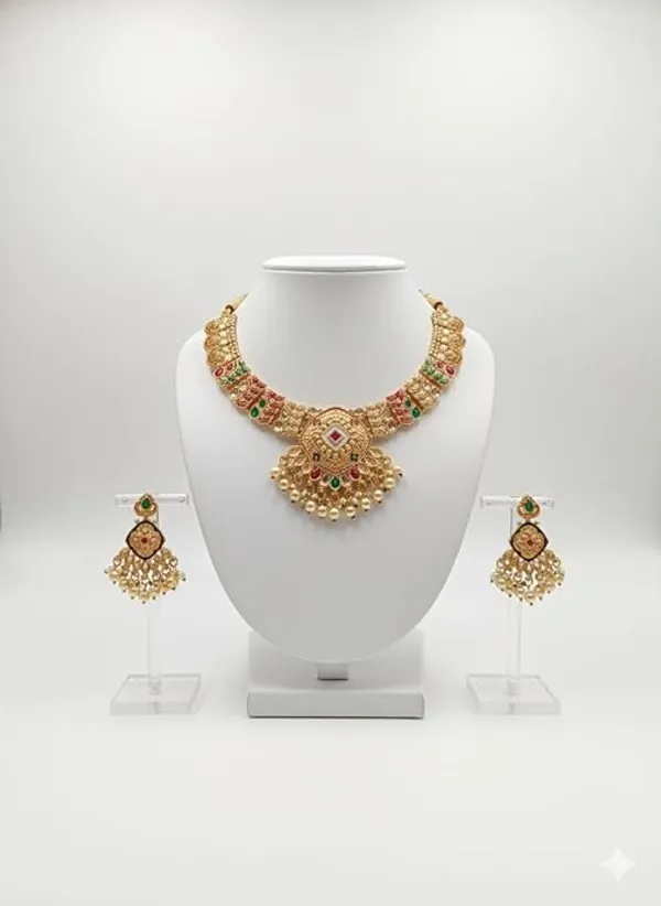 CRUSSTIQUE_GOLD_Traditional_Antique_Necklace_Set_for_Women_with_Kundan,_Pearls_and_Multicolor_Gemstones,_Chandelier_Earrings,_South_Indian_Temple_Jewellery_Design